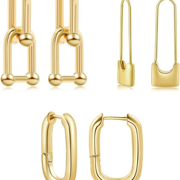 3 Pairs 14k Gold Plated Ball U Shape Pin Y2K Style Chunky Earring Link Chain Chu - Picture 1 of 6